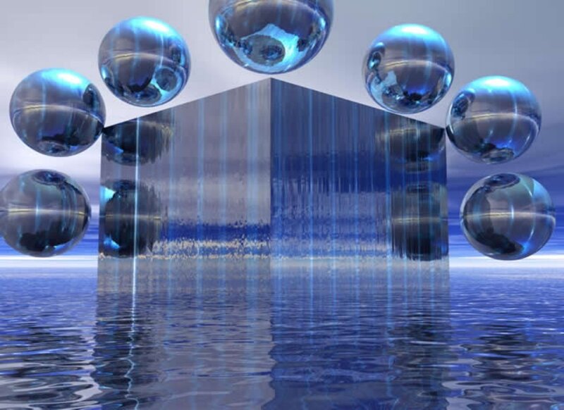 Blue spheres over reflective surface