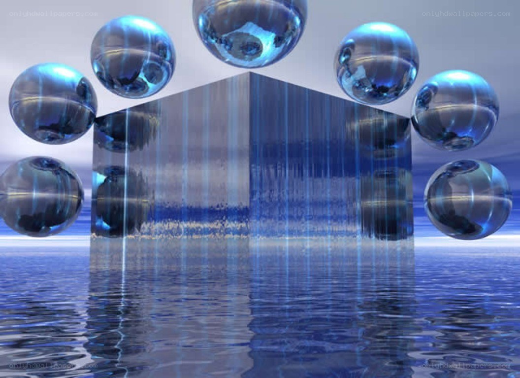 Blue spheres over reflective surface