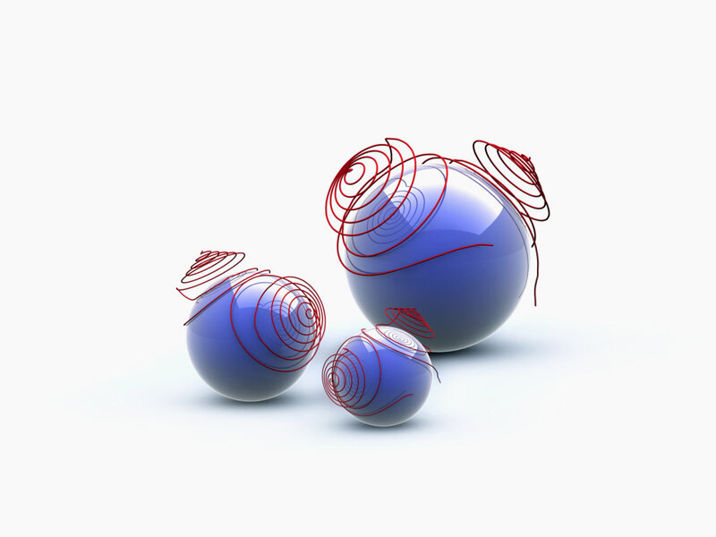 Blue spheres with red spirals