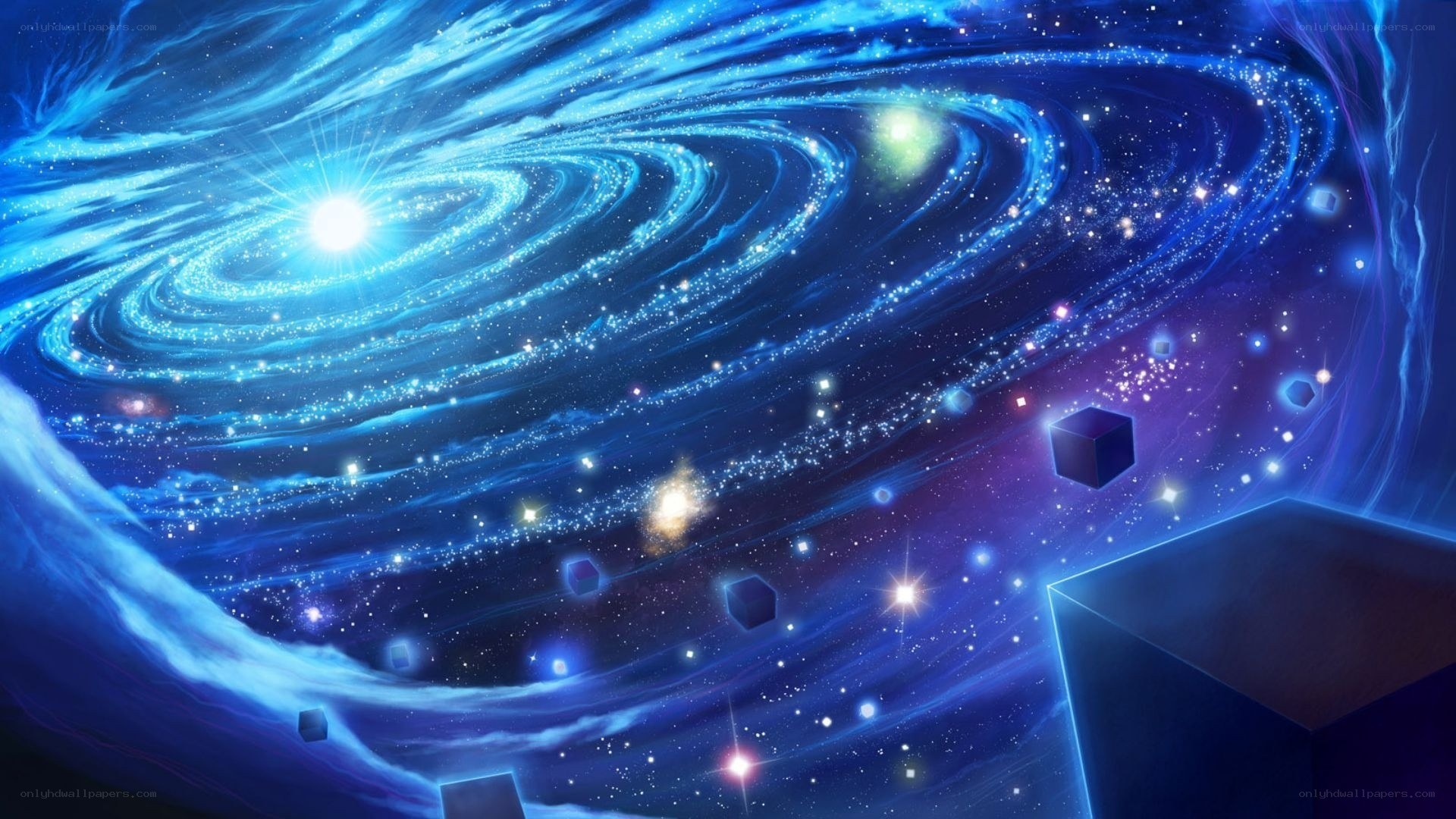 Blue spiral galaxy with cubes