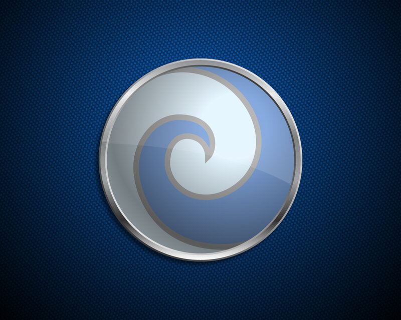 blue spiral logo on dark background