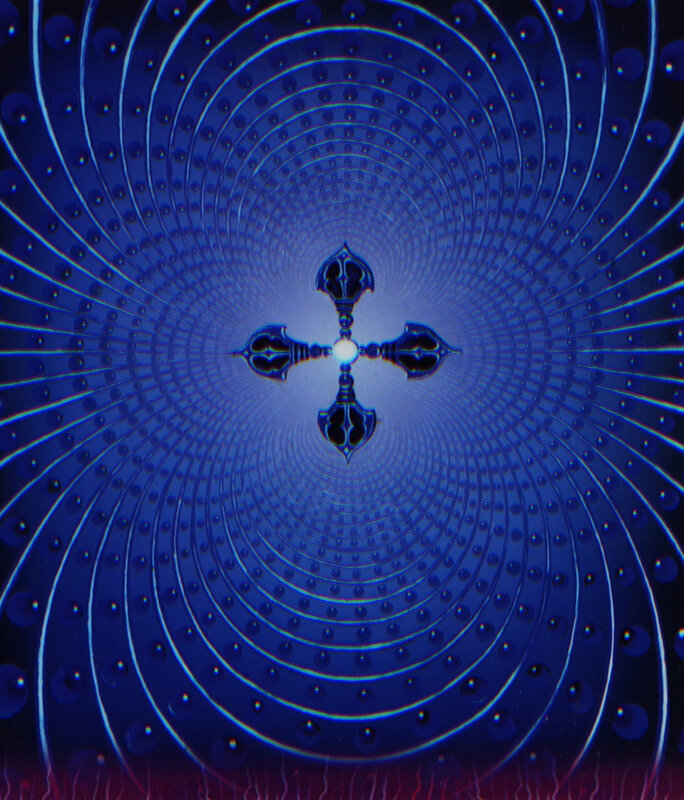 blue spiral mandala with cross