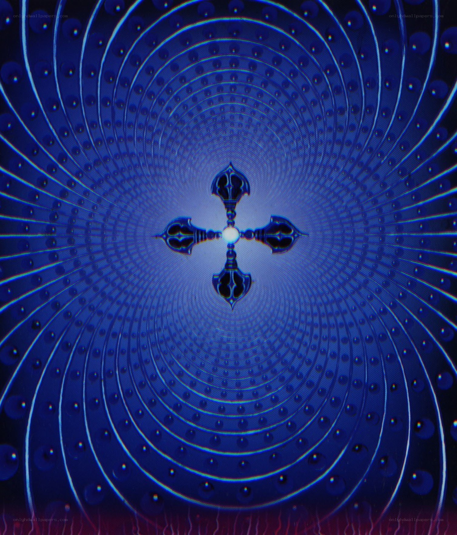 blue spiral mandala with cross