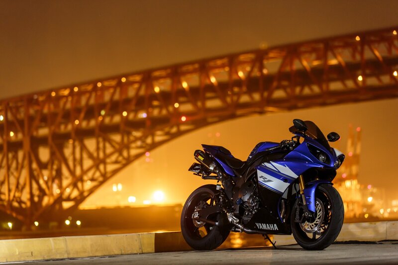Blue Sport Motorcycle — Dramatic, Night, Photograph, Bridge