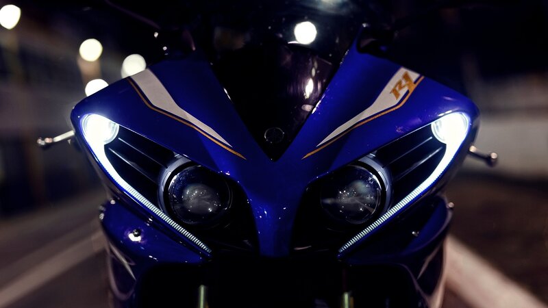 Blue Sport Motorcycle — Dramatic, Night, Photograph, Headlights