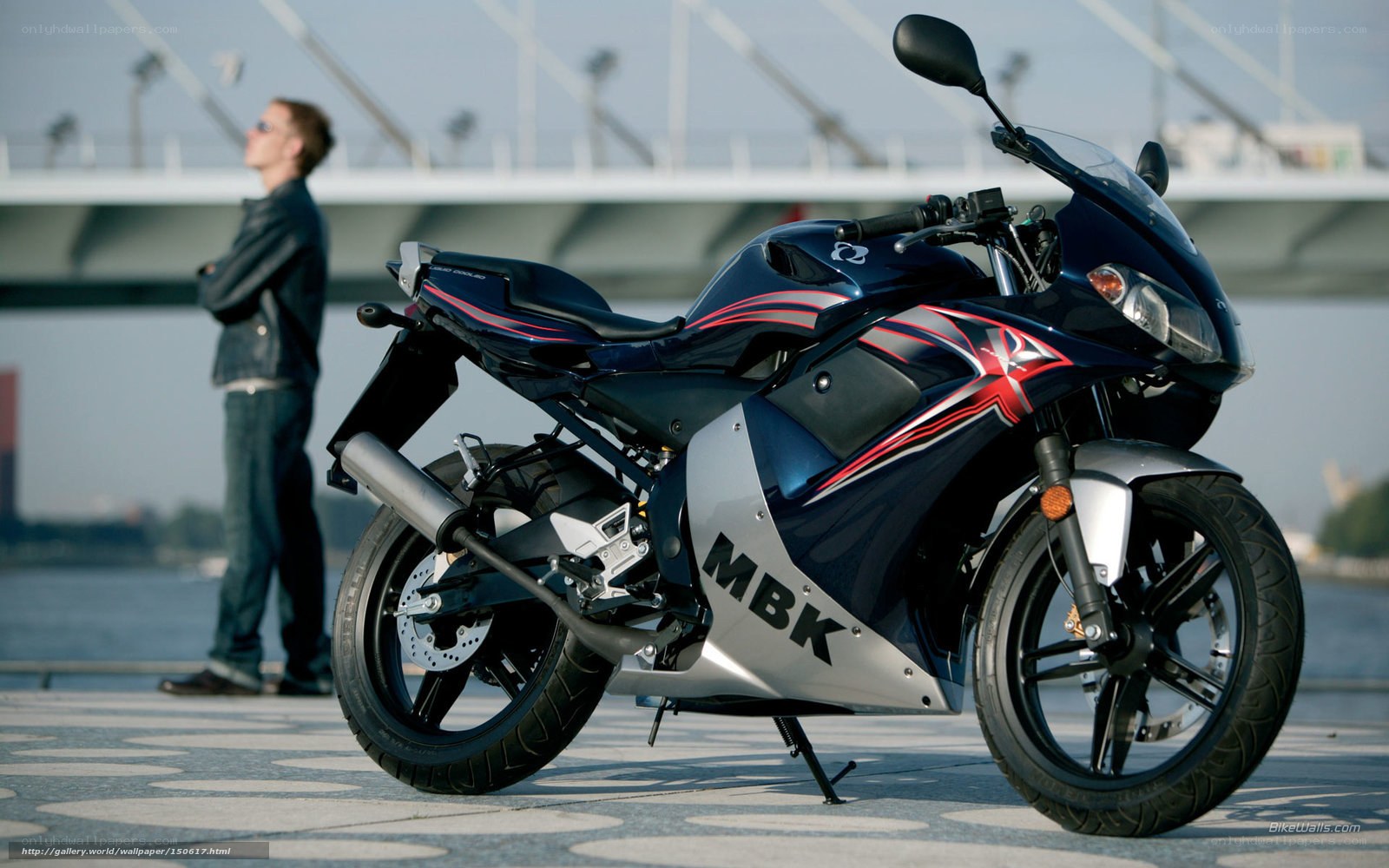 Blue sport motorcycle on dock