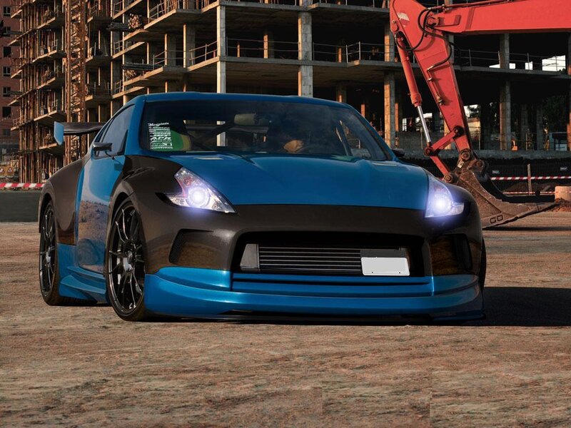 Blue sports car at construction site