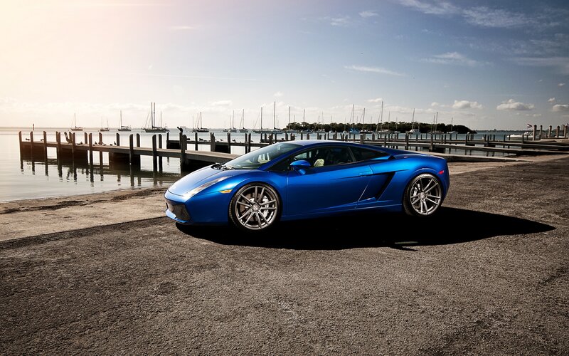 Blue sports car at marina