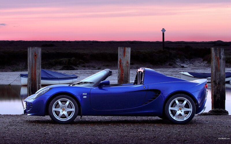 Blue sports car at sunset