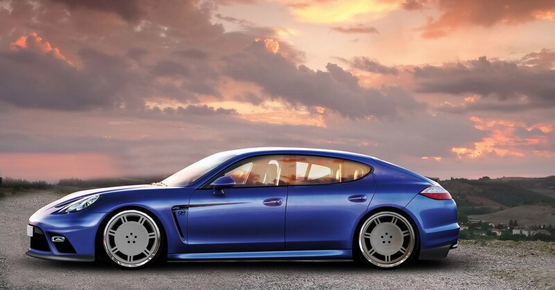 Blue sports car at sunset