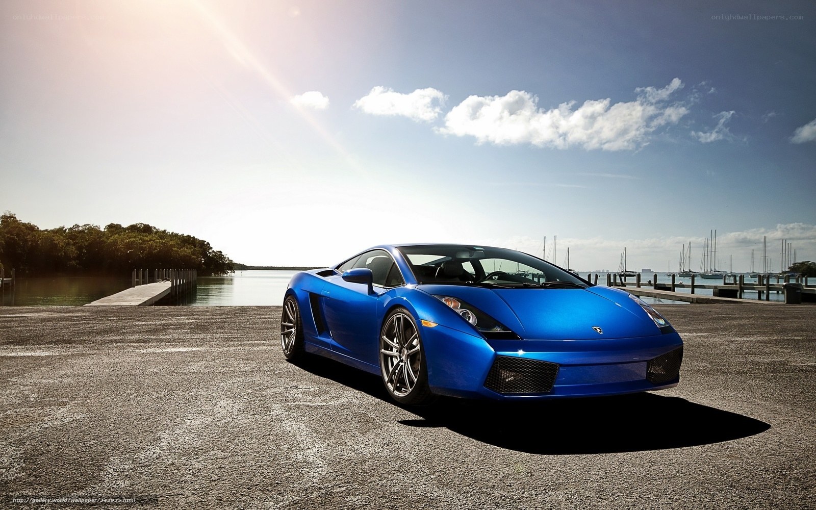 Blue sports car by the water