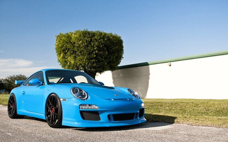 Blue Sports Car — Calm, Afternoon, Photograph, Tree, Building
