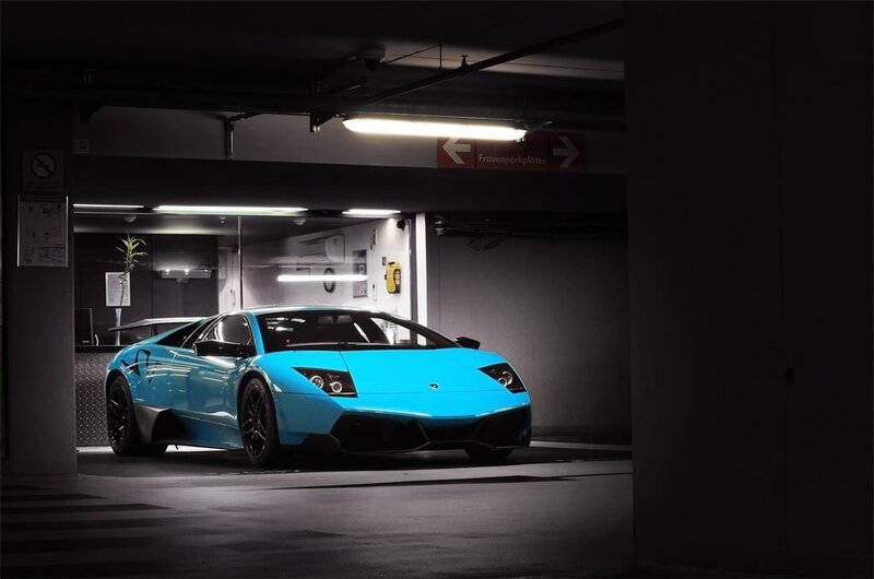 Blue Sports Car — Cyan, Dramatic, Night, Photograph, Parking Garage