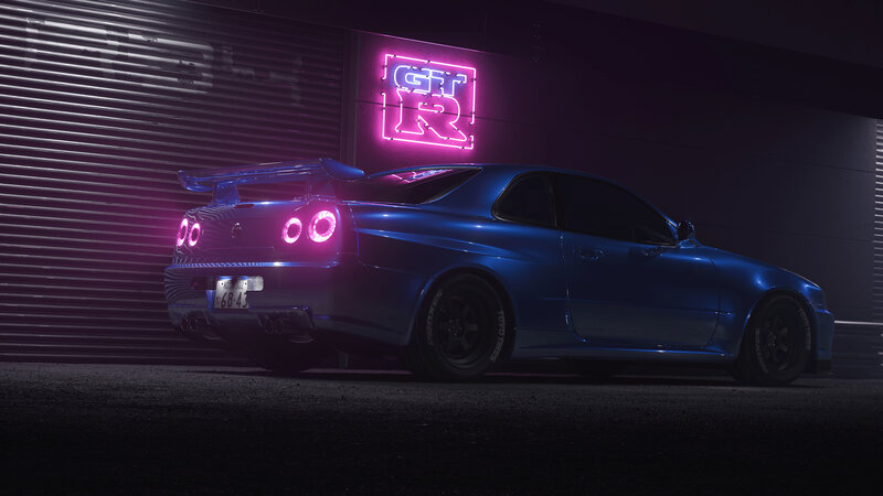 Blue Sports Car — Dark, Dramatic, Night