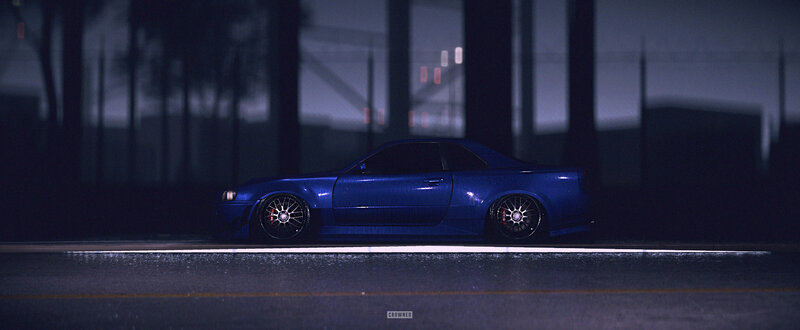 Blue Sports Car — Dark, Night, Digital Art