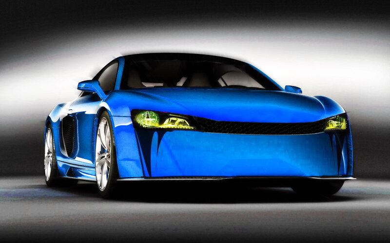 Blue Sports Car — Dramatic, 3d Render, Headlights