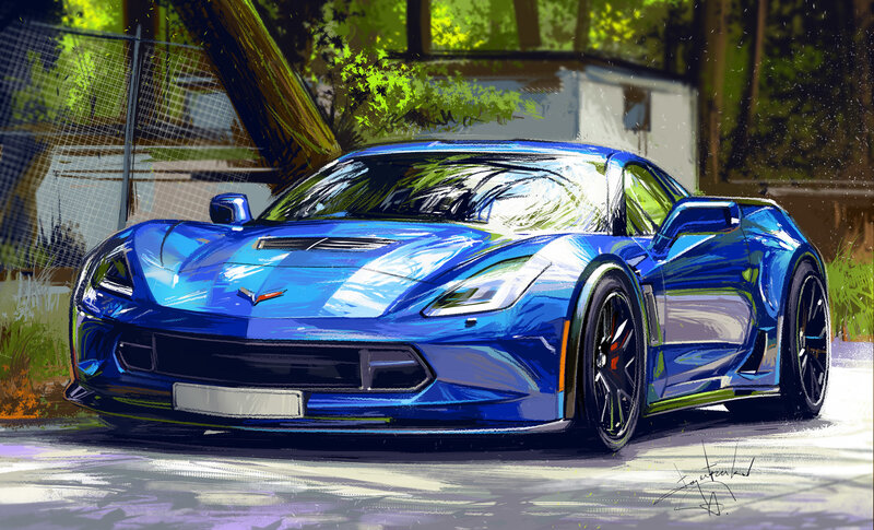 Blue Sports Car — Dramatic, Afternoon, Digital Art, Tree