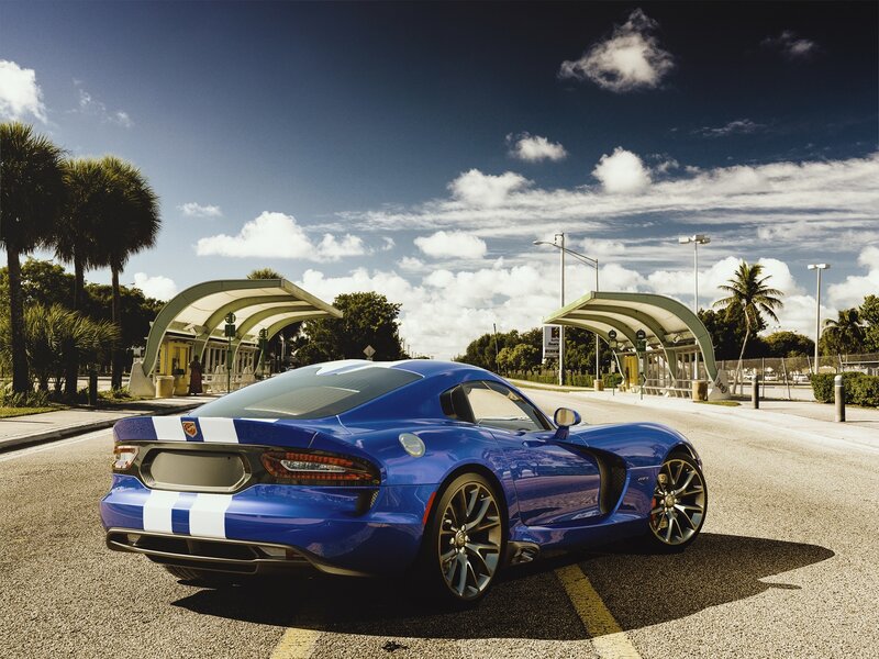 Blue Sports Car — Dramatic, Afternoon, Photograph, Palm Trees, Bus Stop