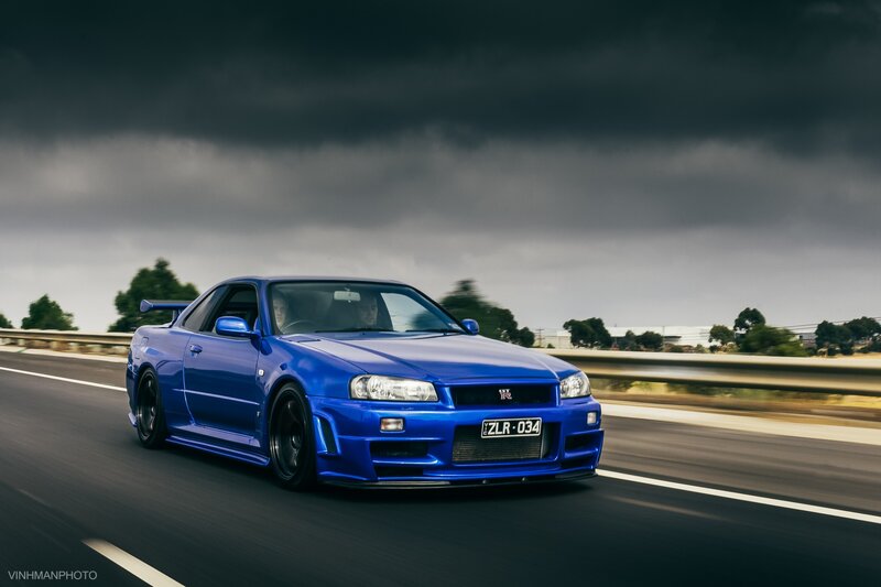 Blue Sports Car — Dramatic, Afternoon, Photograph, Road, Sky, Trees
