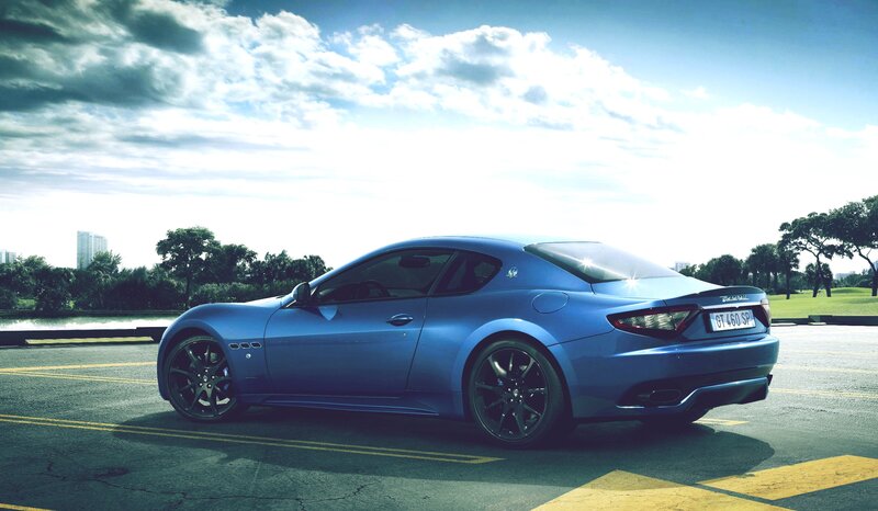 Blue Sports Car — Dramatic, Afternoon, Photograph, Road, Trees