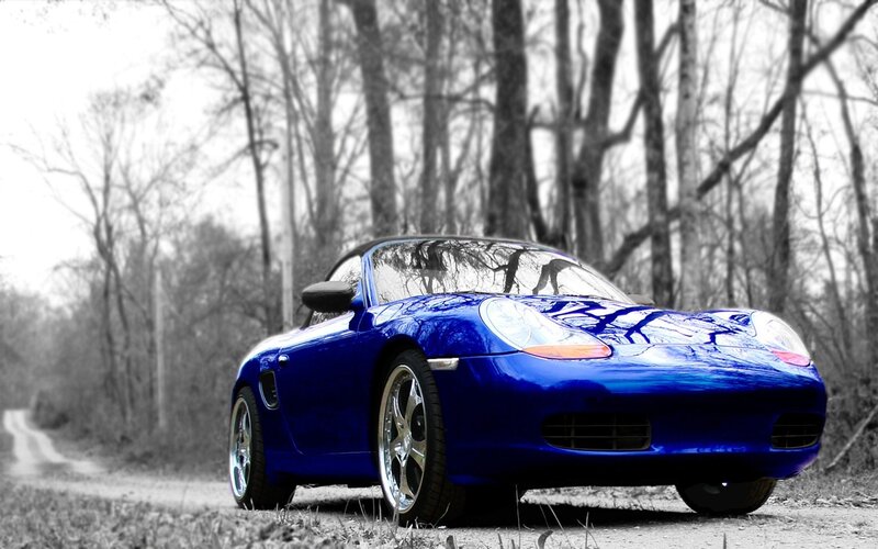 Blue Sports Car — Dramatic, Autumn, Photograph, Trees, Road, Black