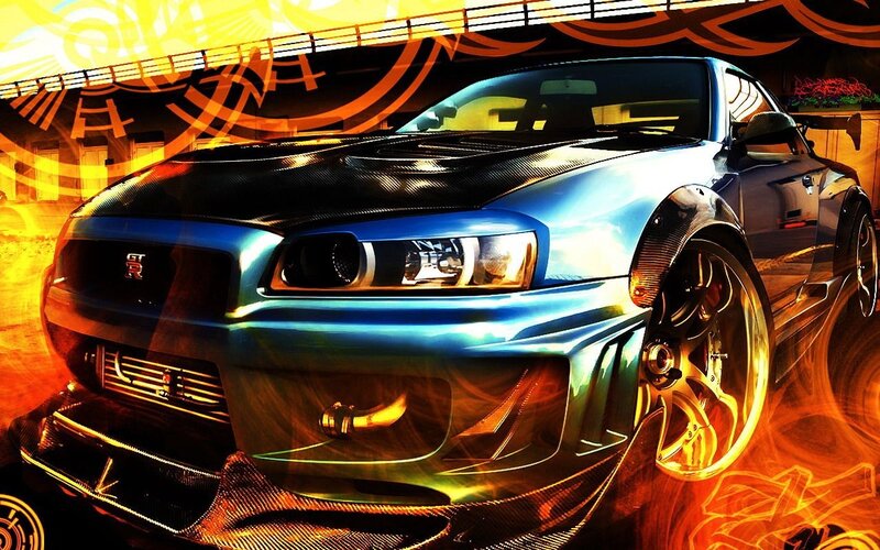 Blue Sports Car — Dramatic, Digital Art, Carbon Fiber, Flames