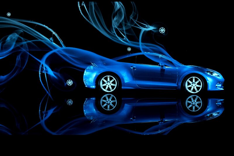 Blue Sports Car — Dramatic, Digital Art, Smoke