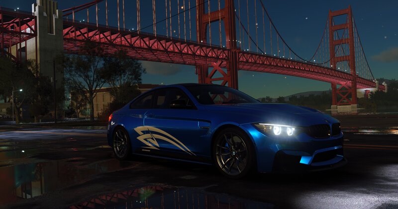 Blue Sports Car — Dramatic, Night, 3d Render, Bridge
