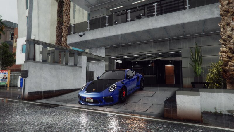 Blue Sports Car — Dramatic, Night, 3d Render, Building, Palm Tree