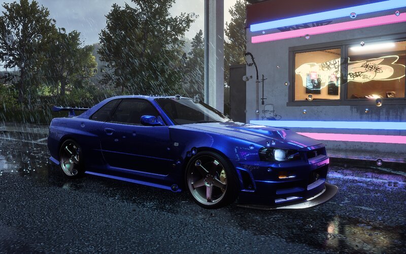 Blue Sports Car — Dramatic, Night, 3d Render, Rain