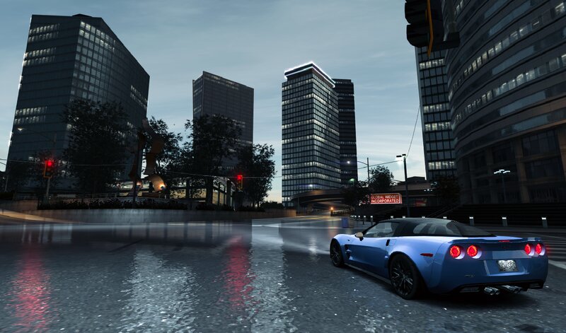 Blue Sports Car — Dramatic, Night, 3d Render, Skyscrapers