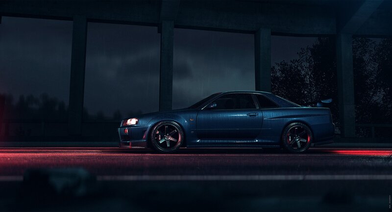 Blue Sports Car — Dramatic, Night, Digital Art, Bridge