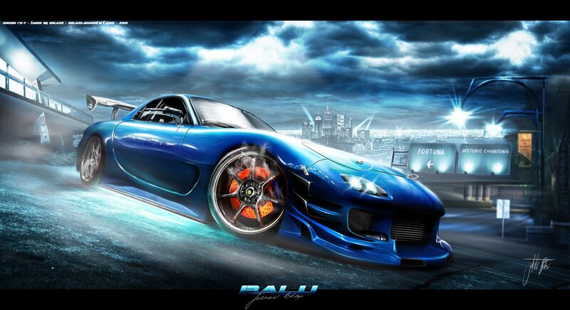 Blue Sports Car — Dramatic, Night, Digital Art, City Skyline, Billboard