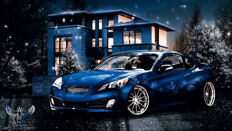 Blue Sports Car — Dramatic, Night, Digital Art, House