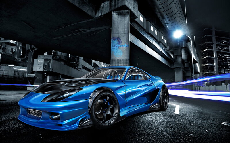 Blue Sports Car — Dramatic, Night, Digital Art, Overpass
