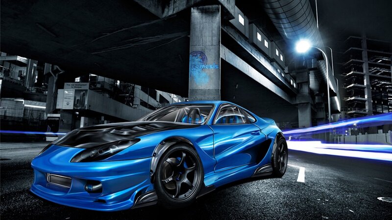 Blue Sports Car — Dramatic, Night, Digital Art, Underpass