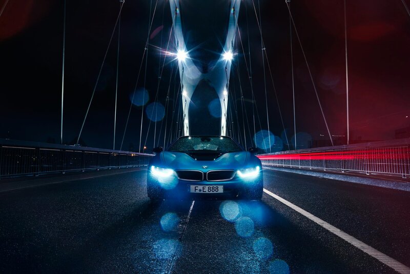 Blue Sports Car — Dramatic, Night, Photograph, Bridge, Lights