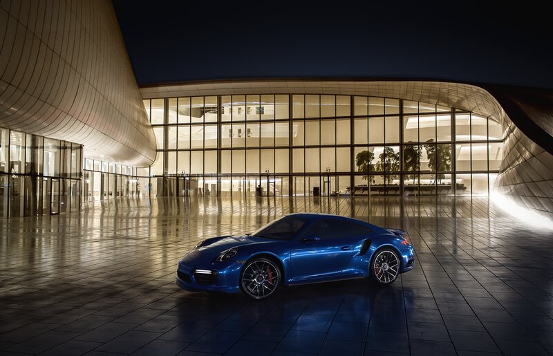 Blue Sports Car — Dramatic, Night, Photograph, Building, Glass Facade