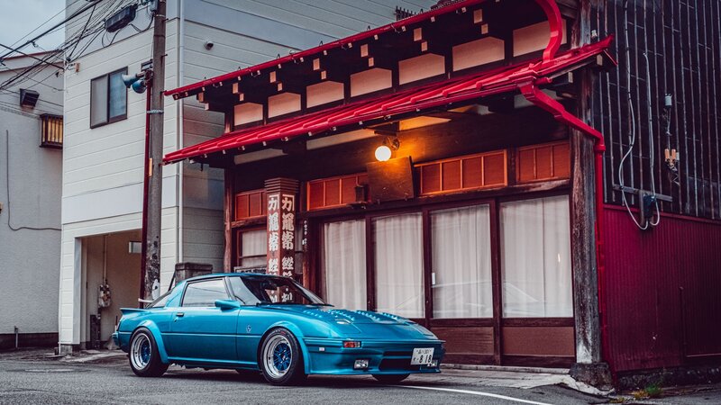 Blue Sports Car — Dramatic, Night, Photograph, Building, Street