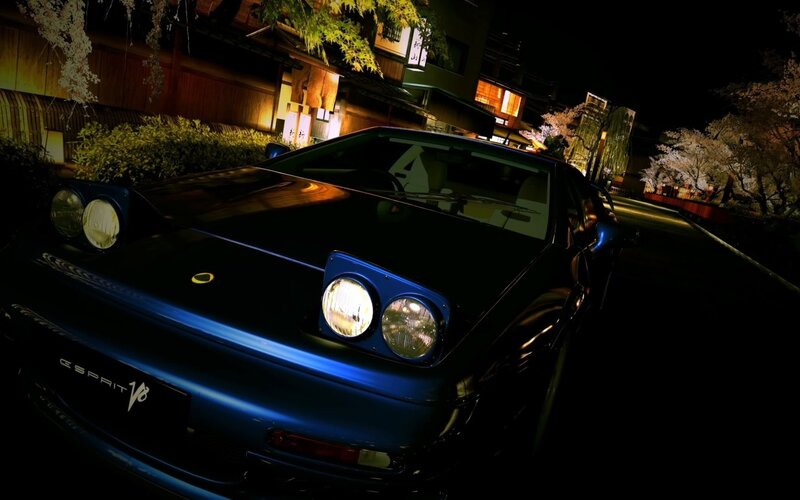 Blue Sports Car — Dramatic, Night, Photograph, Cherry Blossoms