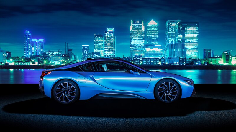 Blue Sports Car — Dramatic, Night, Photograph, City Skyline, River