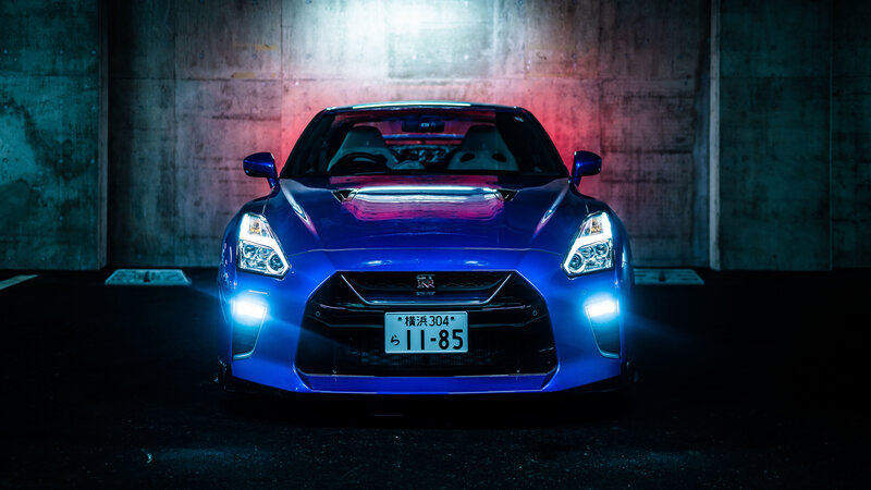 Blue Sports Car — Dramatic, Night, Photograph, Headlights, License Plate