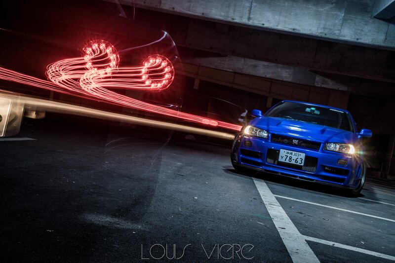 Blue Sports Car — Dramatic, Night, Photograph, Light Trails