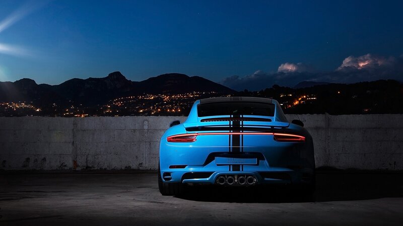 Blue Sports Car — Dramatic, Night, Photograph, Mountains, City Lights