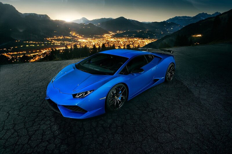 Blue Sports Car — Dramatic, Night, Photograph, Mountains