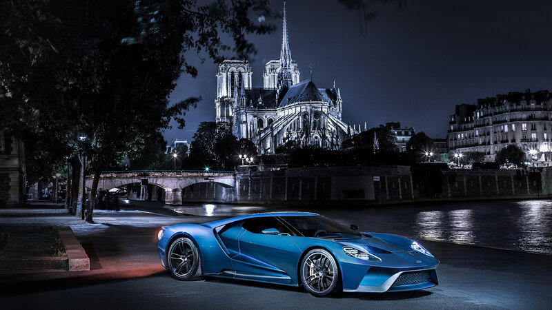 Blue Sports Car — Dramatic, Night, Photograph, Notre-dame Cathedral