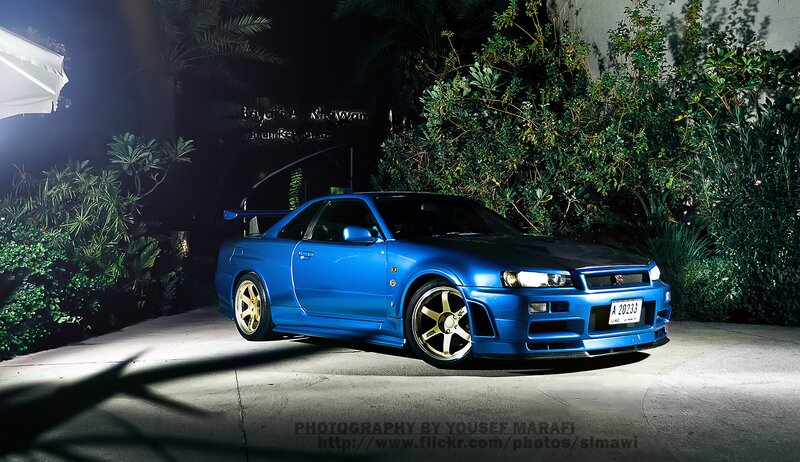 Blue Sports Car — Dramatic, Night, Photograph, Plants