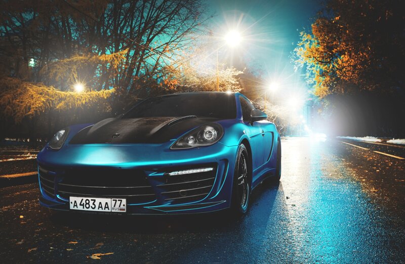 Blue Sports Car — Dramatic, Night, Photograph, Streetlights