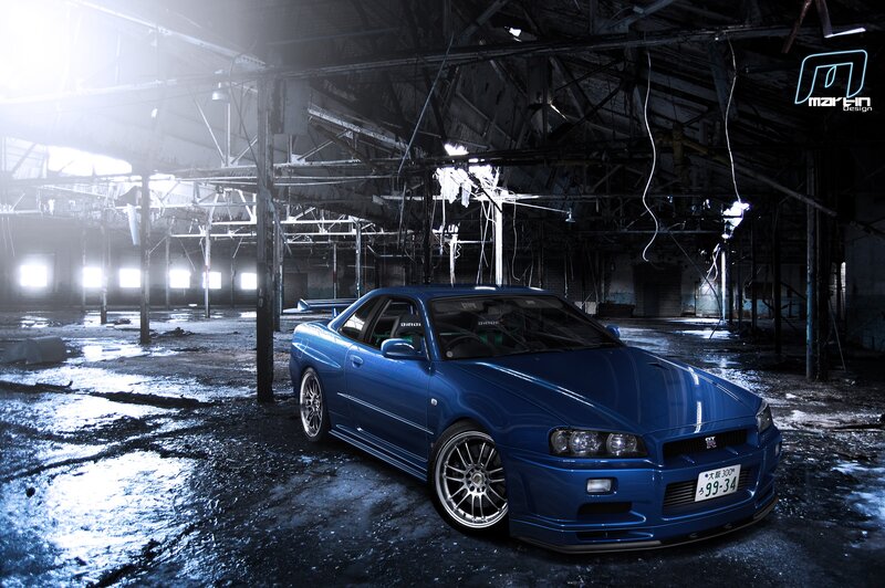 Blue Sports Car — Dramatic, Photograph, Abandoned Building
