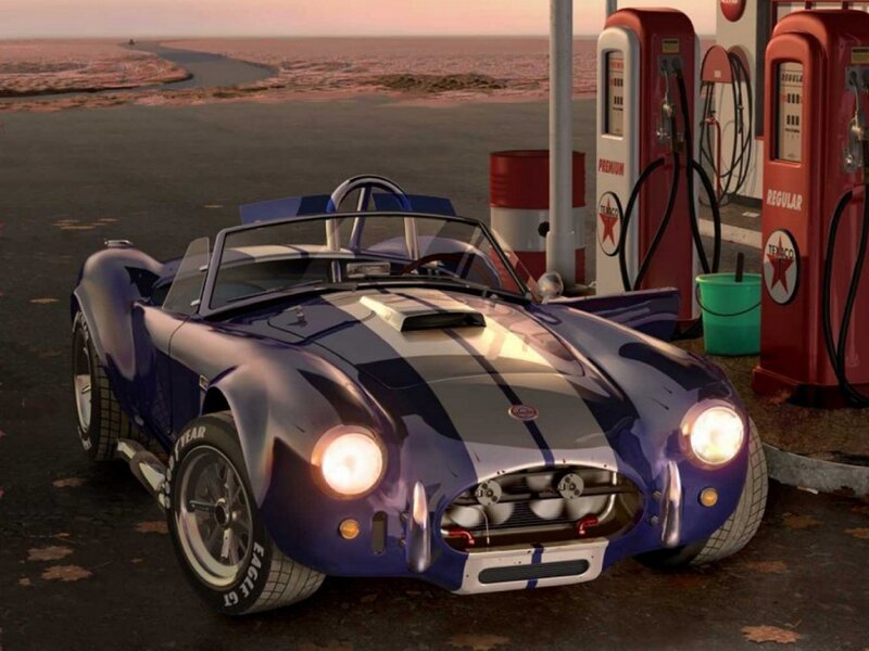 Blue Sports Car — Dramatic, Sunset, 3d Render, Gas Pumps
